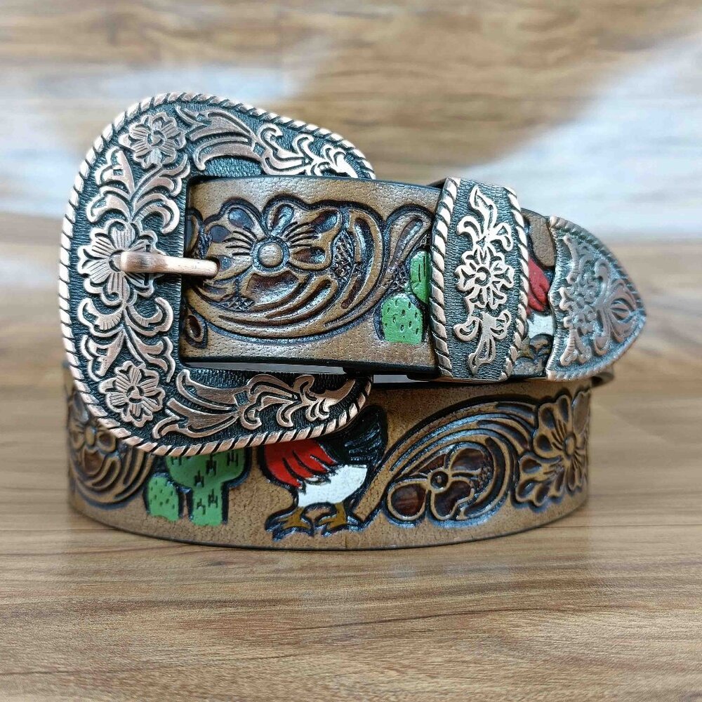 Premium Western Tooled Belt, Floral Rooster Belt for Unisex, Embossed Belt